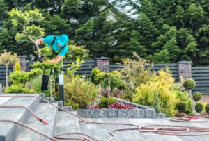 Young Caucasian Gardener in His 30s Working in a Garden Trimming Ornamental Trees.